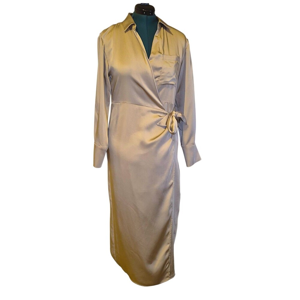JASON WU SATIN LIGHT TAUPE WRAP TIE LONG SLEEVE CAREEE MIDI DRESS SIZE L $375